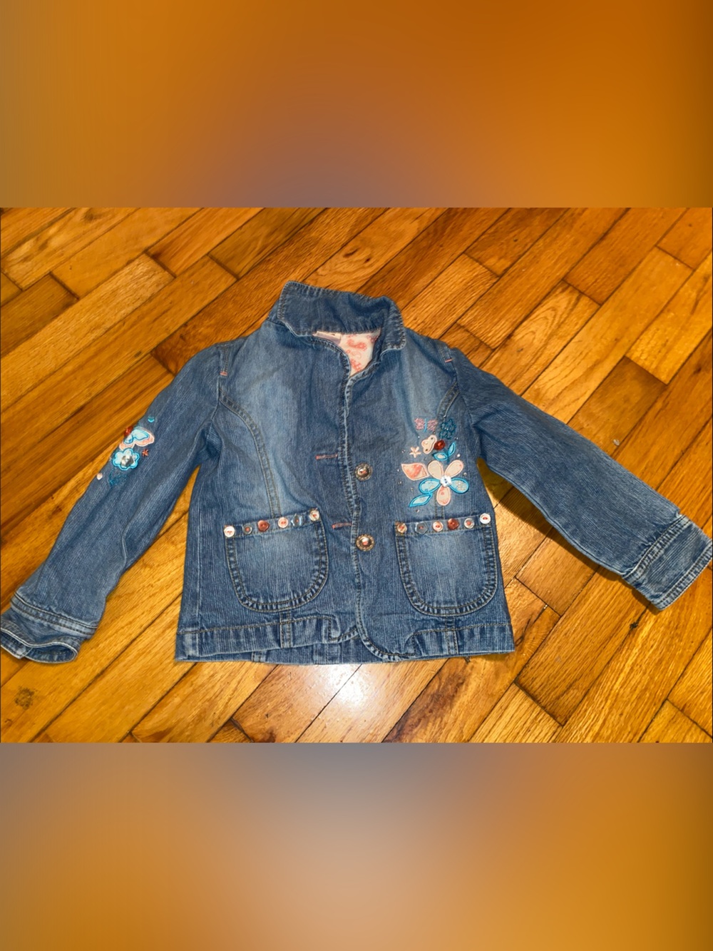 Faded Glory Blue Denim Jacket with Floral Embroidery